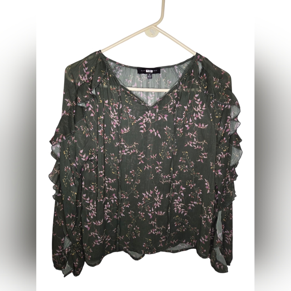 Slate & Willow Green Ruffle Sheer Long Sleeve Top Size S